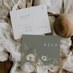 Whimsical Wildflower Sage Green Wedding RSVP Briefkaart