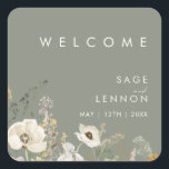 Whimsical Wildflower Sage Weddenschap Welkomstteke Vierkante Sticker<br><div class="desc">Deze Whimsical Wildflower Sage trouwwelkomststicker is perfect voor je eenvoudige, elegante boho bruiloft. De moderne rustige groenery samen met de minimalistische waterverf wilde bloemen helpen je visie tot leven te brengen! Dit ontwerp van goudbloemen, een aanraking van bohemisch sage groen en paars is zeker je minimale herfst florale bruiloft! Houd...</div>