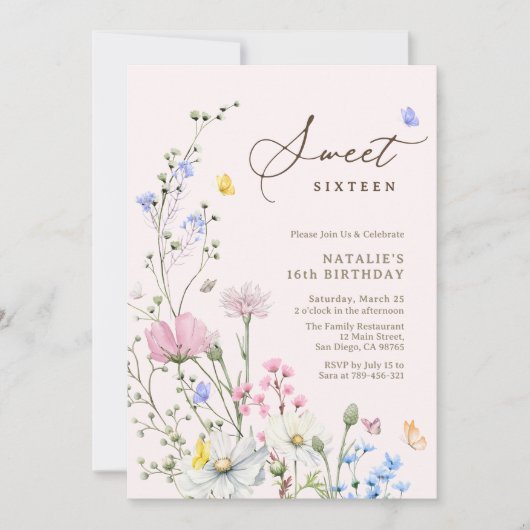 Whimsical Wildflower Sweet Sixteen Script Verjaard Kaart (Voorkant)