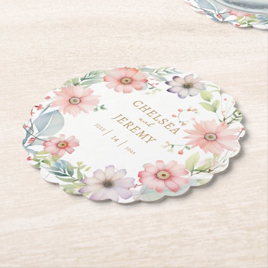 Whimsical Wildflower Waterverf Design bruiloft Kartonnen Onderzetters (Gekanteld)