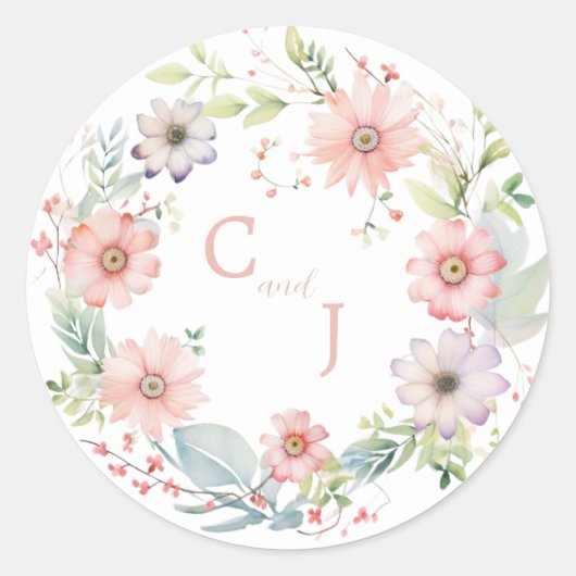 Whimsical Wildflower Waterverf Design bruiloft Ronde Sticker (Voorkant)