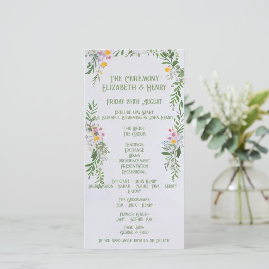 Whimsical Wildflower Wedding Ceremony Uitnodiging (Staand voorkant)