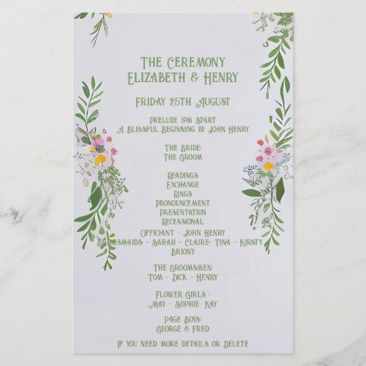 Whimsical Wildflower Wedding Ceremony Uitnodiging Briefpapier (Voorkant)
