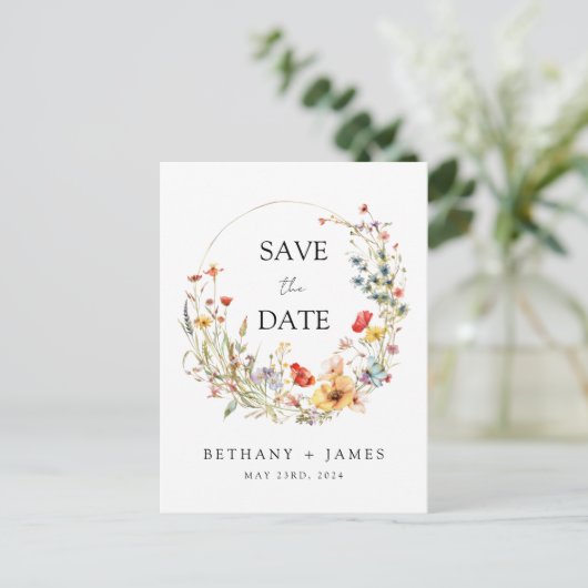 Whimsical Wildflower Wedding Save the Date Uitnodiging Briefkaart (Staand voorkant)
