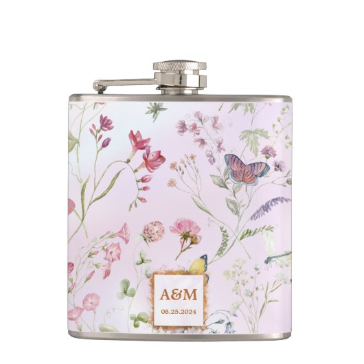 Whimsical Wildflower Wedding Vinyl Verpakte Flask Heupfles (Voorkant)
