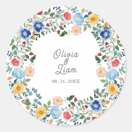 Whimsical Wildflowers Floral Garden Wedding Ronde Sticker (Voorkant)