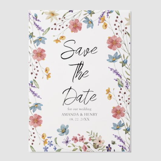 Whimsical Wildflowers Garden Wedding Save the Date Vellum Uitnodigingen (Voorkant)