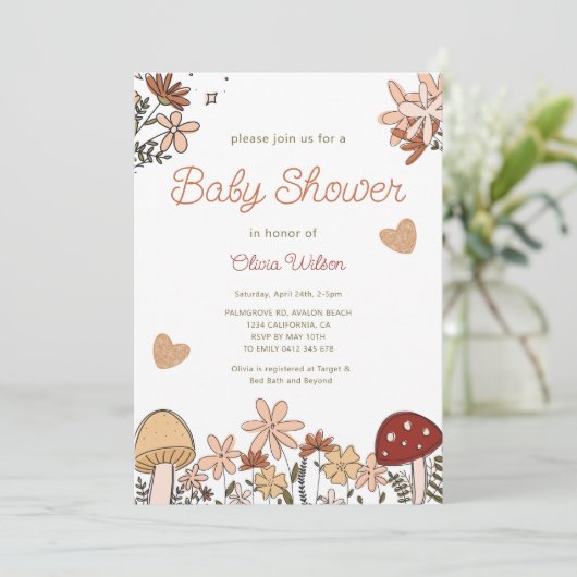Whimsical Wildflowers Mushroom Baby shower Kaart (Staand voorkant)