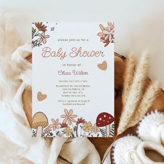 Whimsical Wildflowers Mushroom Baby shower Kaart