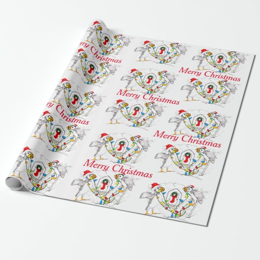 Whimsical Wildlife Kerstmis Puffin Wrapping Paper Cadeaupapier (Uitgerold)