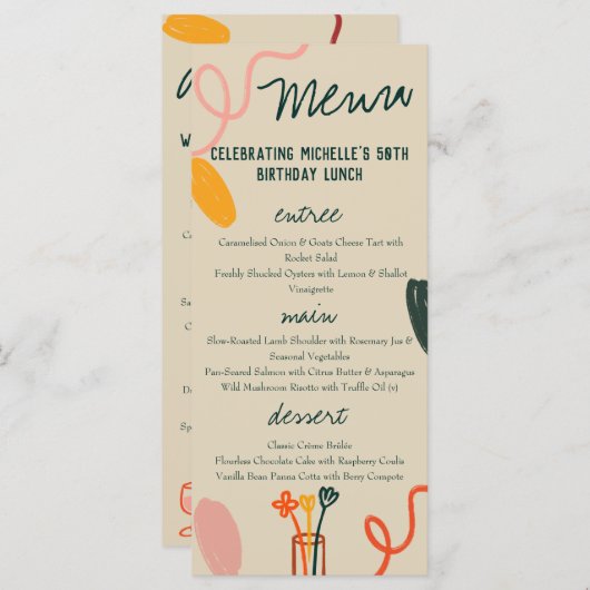 Whimsical Winery Lunch Diner Verjaardag Menu (Voorkant / Achterkant)