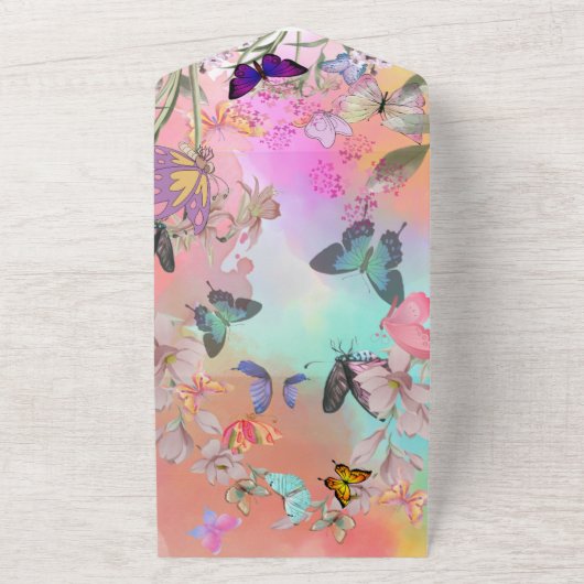 Whimsical Wings: Waterverf vlinderbruiloft All In One Uitnodiging (Buitenkant)