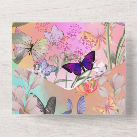 Whimsical Wings: Waterverf vlinderbruiloft All In One Uitnodiging (Achterkant)