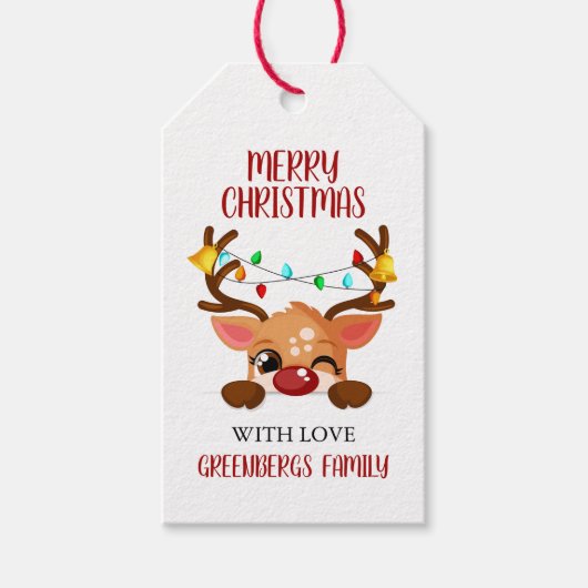 Whimsical Winking Reindeer with Christmas Lights Cadeaulabel (Voorkant)