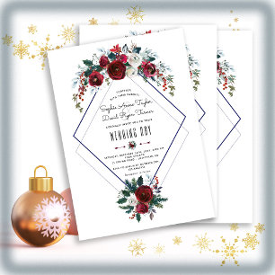 Whimsical Winter Burgundy Floral Pine Wedding Kaart