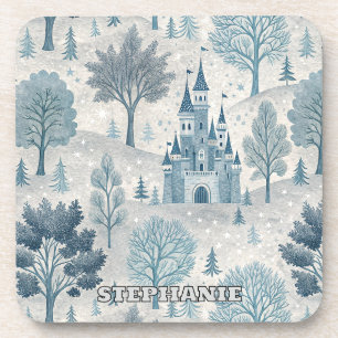 Whimsical Winter Castle Landschap in blauw en grij Bier Onderzetter