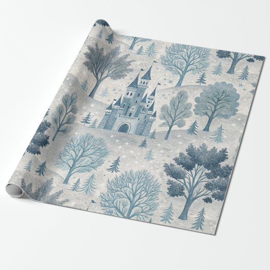Whimsical Winter Castle Landschap in blauw en grij Cadeaupapier (Uitgerold)