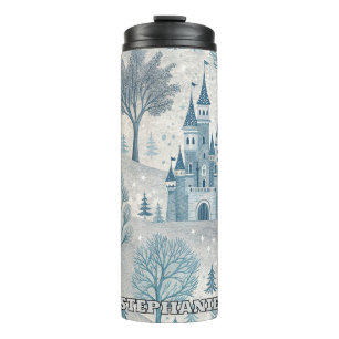 Whimsical Winter Castle Landschap in blauw en grij Thermosbeker