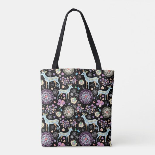 Whimsical Winter Deer en Snowflakes Pattern Black Tote Bag (Achterkant)