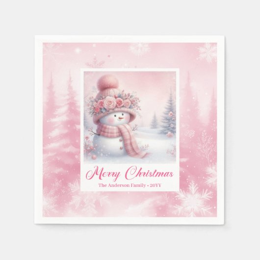 Whimsical Winter Forest Pink Snowman Christmas  Servet (Voorkant)