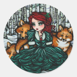 Whimsical Winter Fox Trees Fantasy Fairy Comic Art Ronde Sticker