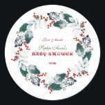 Whimsical Winter Heilige Berries Wreater Baby show Ronde Sticker<br><div class="desc">Uniek ontwerp van de Winter Square-kaart met prachtige waterverf bessen en sneeuwbladeren met een sprankeling,  pijlen met harten als scheidsrechter,  allemaal op een witte achtergrond. Het gebruik past hulpmiddel aan om uw info toe te voegen. Ga voor overeenkomende objecten naar het Collectie Whimsical Winter Wreate</div>