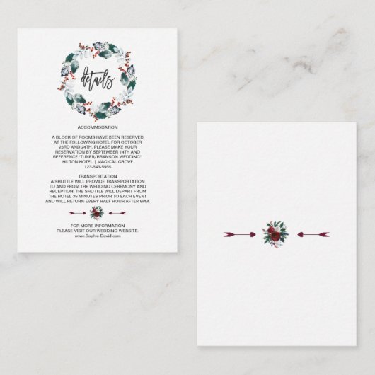 Whimsical Winter Heilige Berries Wreath Weddi Deta Informatiekaartje (Voorkant / Achterkant)