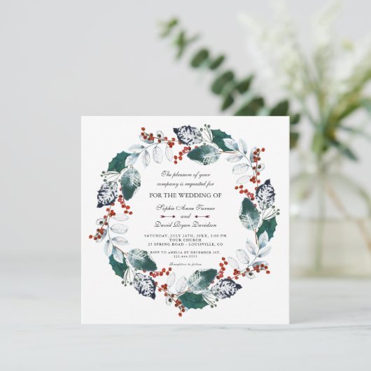 Whimsical Winter Heilige Bessen Krans Huwelijk Kaart (Staand voorkant)