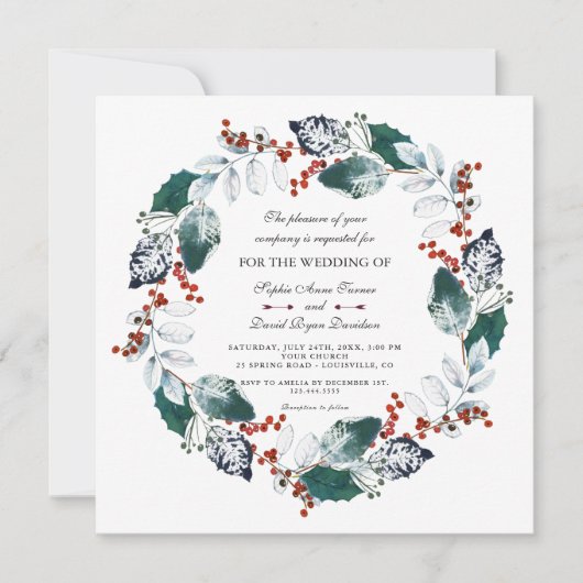Whimsical Winter Heilige Bessen Krans Huwelijk Kaart (Voorkant)