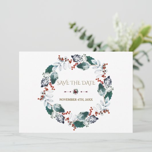 Whimsical Winter Heilige Bessen Krans Save The Dat Save The Date (Staand voorkant)