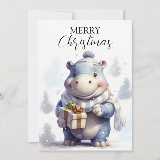 Whimsical Winter Hippo Kerst Kaart (Voorkant)