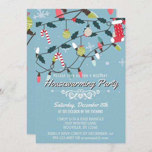 Whimsical Winter Holiday Blue Housewarming Party Kaart (Voorkant / Achterkant)