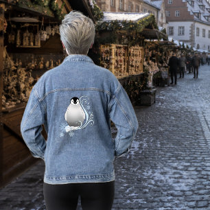Whimsical Winter Pinguïn Art Nouveau Sneeuwvlokken Denim Jacket