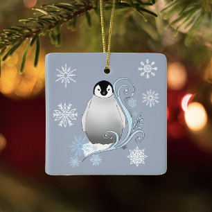 Whimsical Winter Pinguïn Art Nouveau Sneeuwvlokken Keramisch Ornament