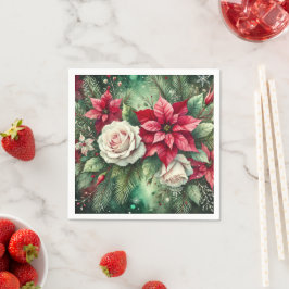 Whimsical Winter Poinsettia Evergreen Découpage Servet