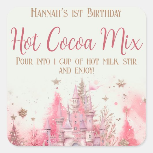 Whimsical Winter Princess Verjaardag Hot Cocoa Vierkante Sticker (Voorkant)