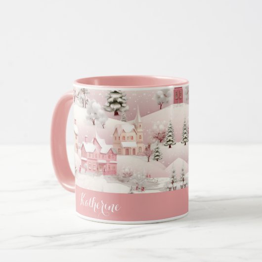 Whimsical Winter Roze Dorp Kerst Mok (Voorkant links)