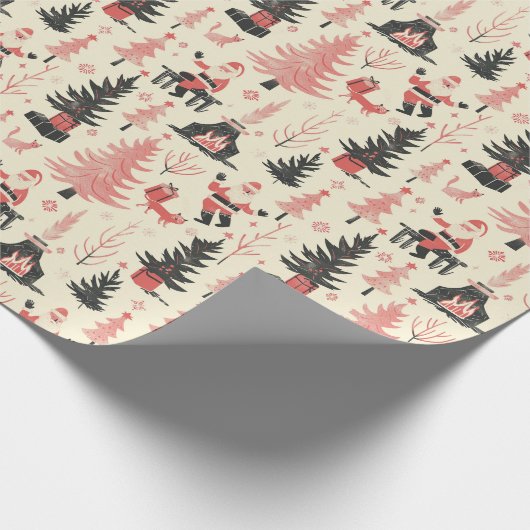 Whimsical Winter Scene: Kerstman, open haard, crèm Cadeaupapier (Hoek)