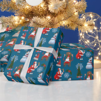 Whimsical Winter Tree with Santa and Snowman Cadeaupapier