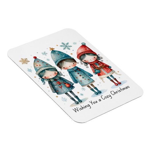 Whimsical Winter Trio- 3 Kids in Blue & Red Coats Magneet (Rechterzijde)