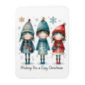Whimsical Winter Trio- 3 Kids in Blue & Red Coats Magneet (Verticaal)