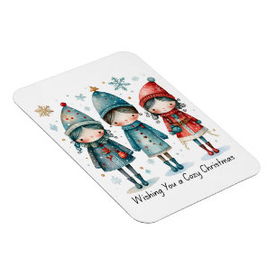 Whimsical Winter Trio - 3 Kinderen in blauwe & rod Magneet