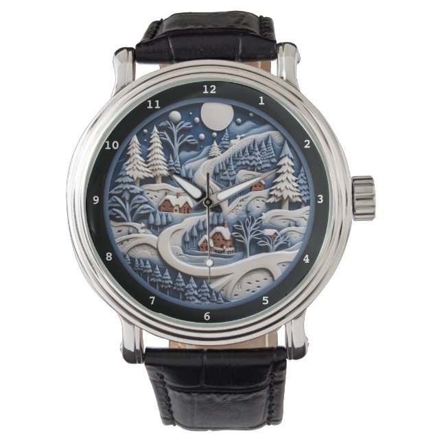 Whimsical Winter Village Beneath Starry Sky Horloge (Voorkant)