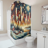 "Whimsical Winter Village en de stad" Douchegordijn (In situ)