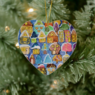 Whimsical Winter Village Folk Art Metal Kerstmis  Keramisch Ornament