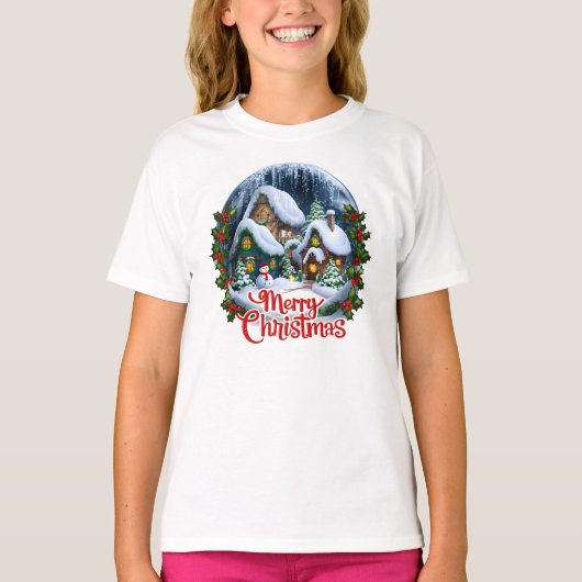 Whimsical Winter Village Snow Wereldbol T-shirt (Voorkant)