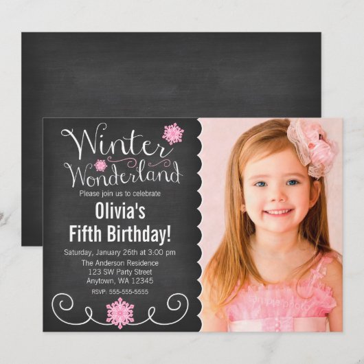 Whimsical Winter Wonderland Roze foto van Birthday Kaart (Voorkant / Achterkant)