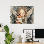 Whimsical Winter Woodland Fairy & Fox Nursery Art Poster (Thuiskantoor)