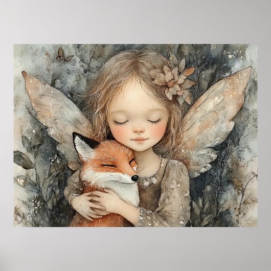 Whimsical Winter Woodland Fairy & Fox Nursery Art Poster (Voorkant)