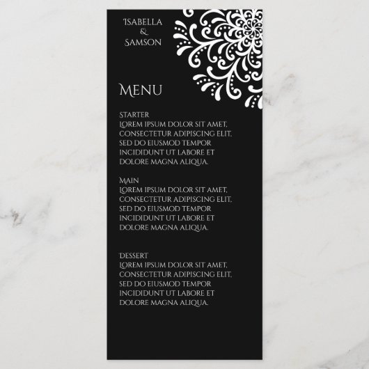 Whimsical wit en zwart bloeien bruiloft Menu (Voorkant)